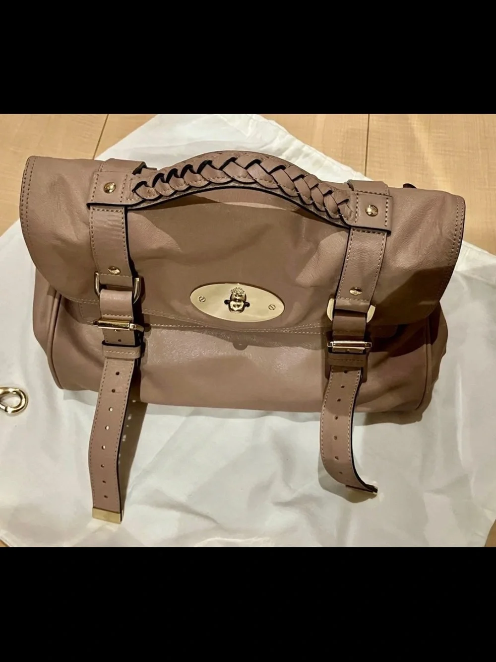 Mulberry Taupe Braided-Handle Satchel with Gold Hardware